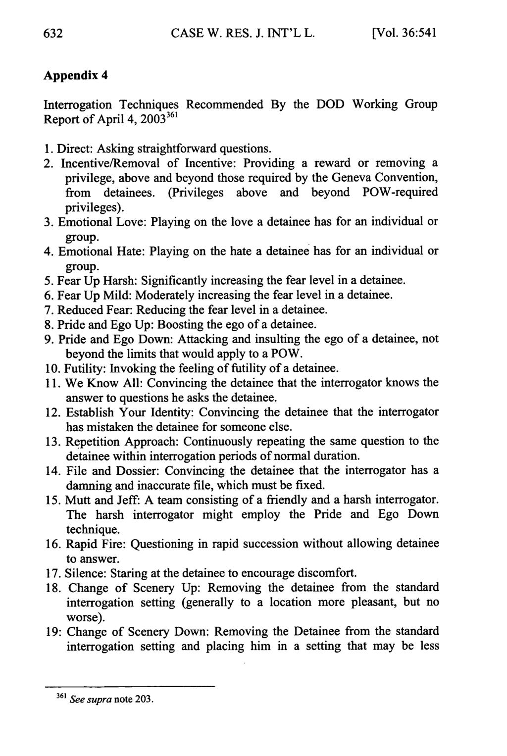 CASE W. RES. J. INT'L L. [Vol. 36:541 Appendix 4 Interrogation Techniques Recommended By the DOD Working Group Report of April 4, 20