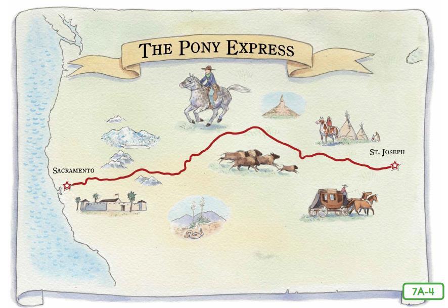 This map shows the whole route of the Pony Express. It started in St. Joseph, Missouri, where the train tracks ended.