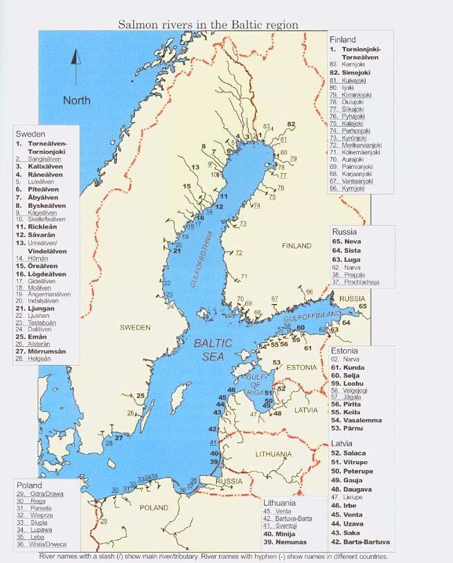 Annex V Map of salmon rivers in the Baltic region Map from the 1999 Salmon Action Plan with 89 Baltic salmon rivers divided into three categories: (1) rivers with wild salmon production (bold); (2)