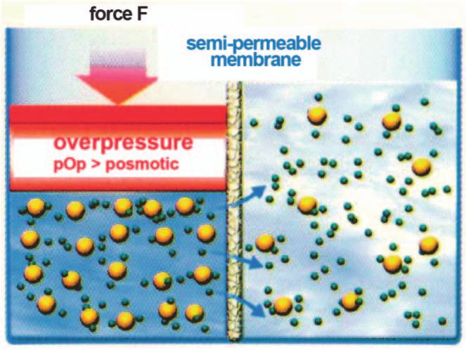 process, watery solutions of different concentrations are separated by a semi-permeable membrane. In keeping with the law of nature, the concentrations try to equalise.