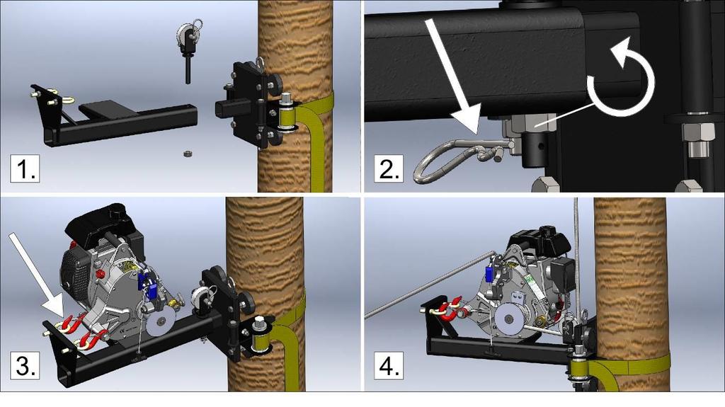 IMPORTANT: AFTER PULLING FOR A FEW SECONDS, RELEASE THE TENSION AND CHECK THE SOLIDITY OF THE INSTALLATION AND TIGHTEN THE SLING OF THE TREE/POLE MOUNT AGAIN. 3.