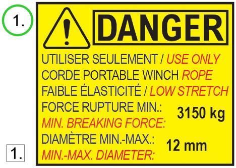 1.2.3 Rope DANGER label The rope DANGER label is positioned on the top of the winch housing. The meaning of the icon in figure 1 to the right is: 1. It is IMPERATIVE to use ONLY Portable Winch Co.