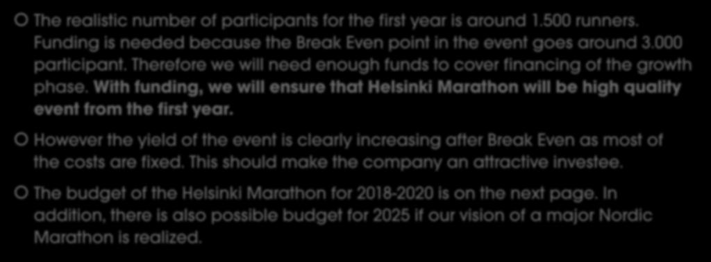 Helsinki Marathon funding The realistic number of participants for the first year is around 1.500 runners. Funding is needed because the Break Even point in the event goes around 3.000 participant.