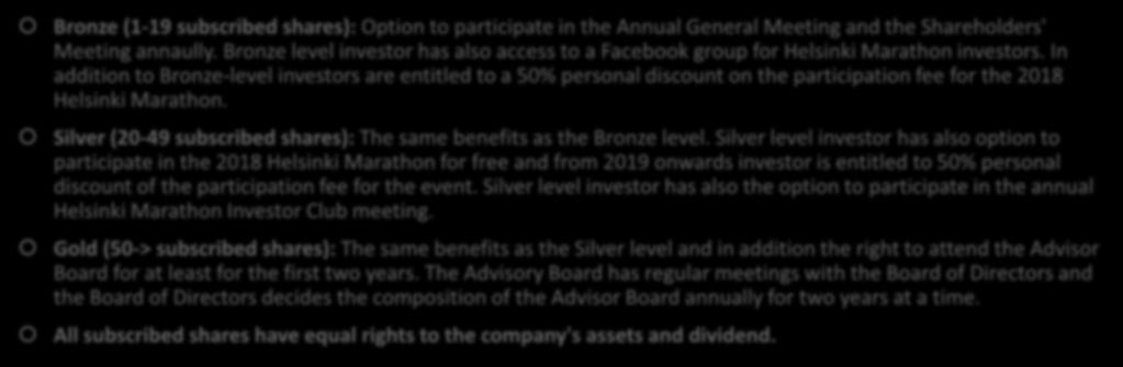 Equity offering packages Bronze (1-19 subscribed shares): Option to participate in the Annual General Meeting and the Shareholders' Meeting annaully.
