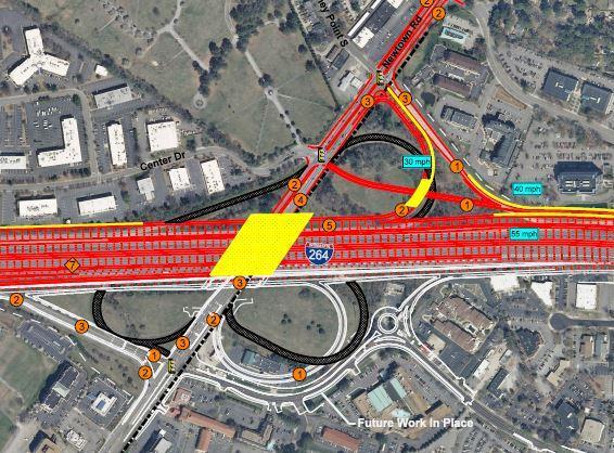 Newtown Road I-264 widening included I-64/I-264 (HRTAC) associated improvements address deficiencies related to eastbound