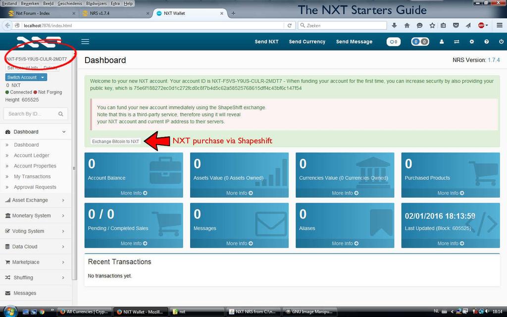 Congratulations...you've just created an Nxt account. Take note of the Nxt account number (top left, circled) that your passphrase has created.
