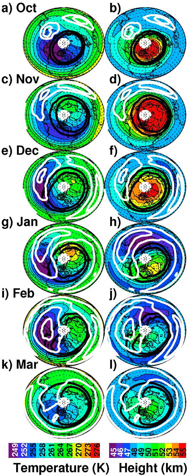 Figure 3. NH polar orthographic projections of monthly mean stratopause (left) temperature and (right) height. Seasons included are 2004/2005, 2006/2007, 2007/2008, 2009/2010, 2010/2011.