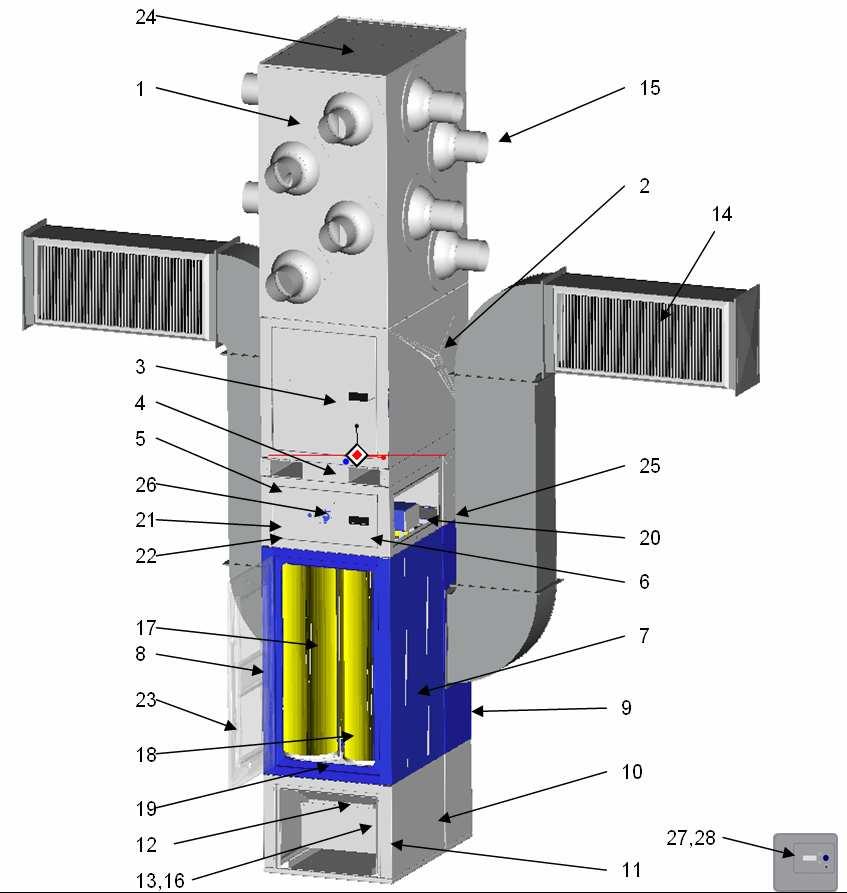 1 Drawing/description of the elements Pos.1 Pos.2 Pos.3 Pos.4 Pos.5 Pos.6 Pos.7 Pos.8 Pos.9 Pos.10 Pos.11 Pos.12 Pos.13 Pos.14 Plenum Fan housing Maintenance door for the fan Connecting cover incl.