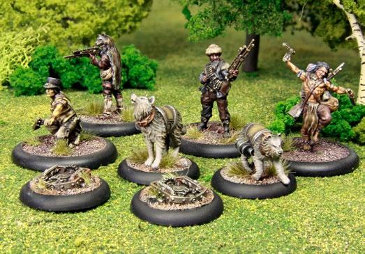 Federated States of America DLFS22 - WILDERNESS SECTION 2 x Buffalo Hunters, 2 x Scouts, 2 x Timber Wolves, 4 x Bear Traps, 4 x 40mm round plastic bases, 2 x 30mm round plastic bases, 1 x Activation