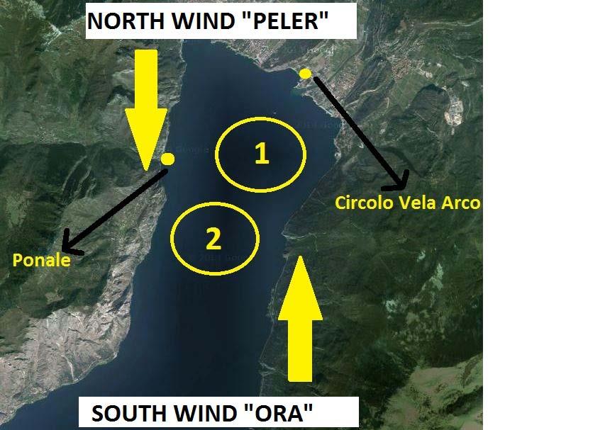 With very strong wind from the north or in the event of storms from the north, there are two wellsheltered bays on the Veronese coast indicated by arrows Wind: in September, the wind is always formed