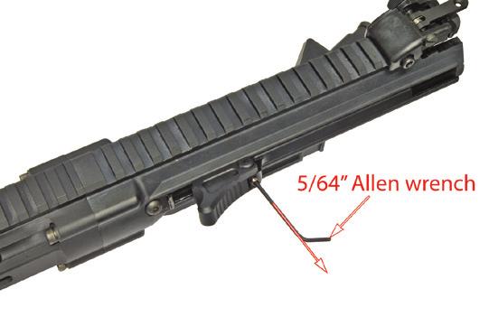 Using the straight end of the Allen wrench, push the SIDE CHARGING HANDLE HINGE PIN out (see FIGURE 16).