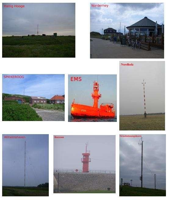 Figure 2: Photographs of measurement masts: Hallig Hooge (HH), Norderney (NR), Spiekeroog (SP),