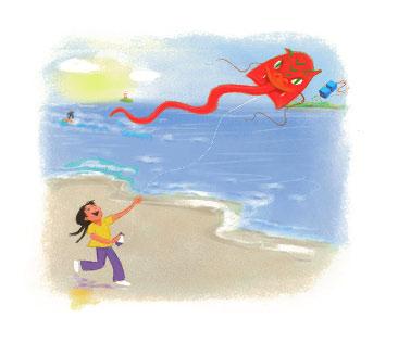 Lena took her kite to the beach. She ran, and the kite flew up and up. Lena was excited.