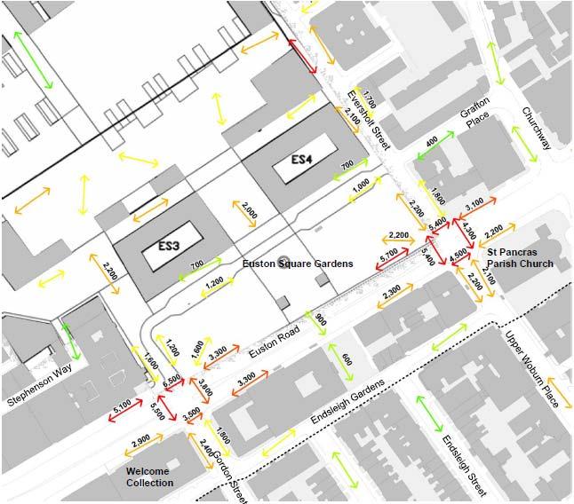 Figure 41 - Forecast crossing movements - Reference Case plus HS2 C+ E E B- C E E C A E B- E D B+ D Pedestrian Comfort Levels Euston Station Intersection Crossings