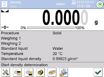 5.6.2 Determine density of sinking solid bodies (d >1 g/cm 3 ) 1. Remove the immersion basket and place the glass beaker filled with the auxiliary liquid in the centre of the platform.