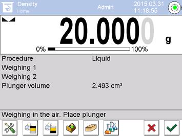 6.6.2 Determining density of the test liquid 1. Fill test liquid into the glass beaker. 2.