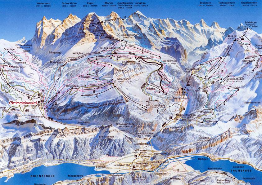 Winter The Jungfrau lift pass covers Wengen, Grindelwald, and Murren with a total of 213 km of pistes up to 2970m.