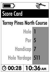 22 The Score Card Page The Score Card page is simply a page displaying relevant information about the hole you are currently playing-the data is included in the downloaded data for each course, and