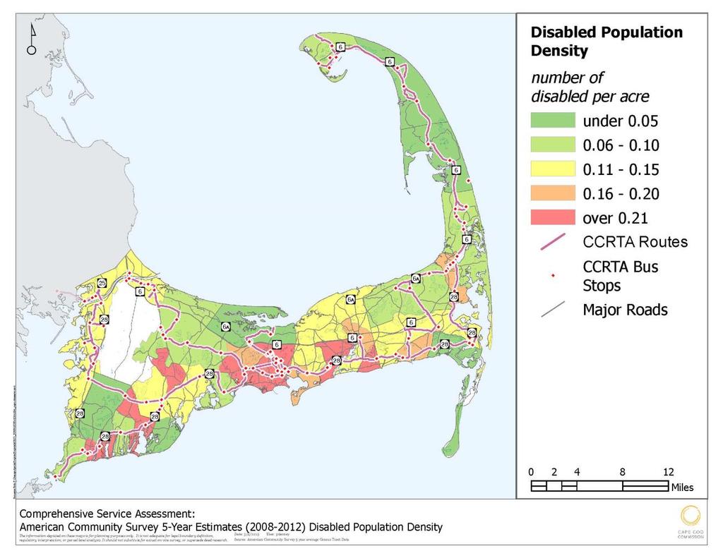 FIGURE 5: CAPE WIDE DENSITY OF INDIVIDUALS WITH DISABILITIES As shown in Figure 5, there are areas on Cape Cod that have high densities of individuals with disabilities including portions of Route 28