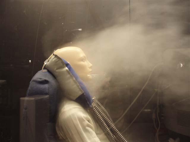 Smoke picture showing the distribution of clean air around the breathing zone of the manikin, and the effectiveness of the system. The draught is flowing from behind (180 o ).