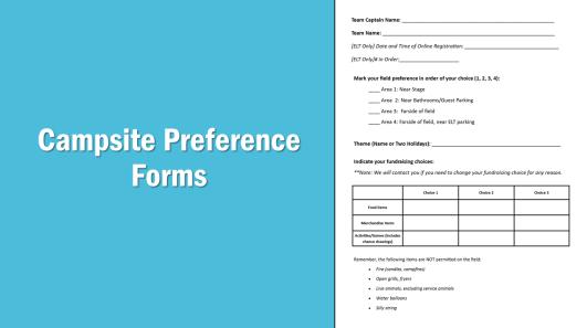 CAMPSITE PREFERENCE FORMS Complete the Campsite Preference Form and email to mcfraserelvira@gmail.com by January 30 th.