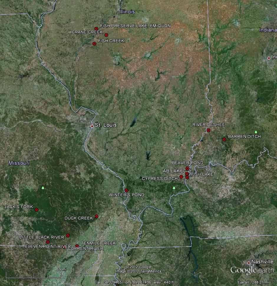 FIGURES JOB 4 Figure 1. Map of sampling locations of redspotted sunfish from Illinois, Indiana, and Missouri.