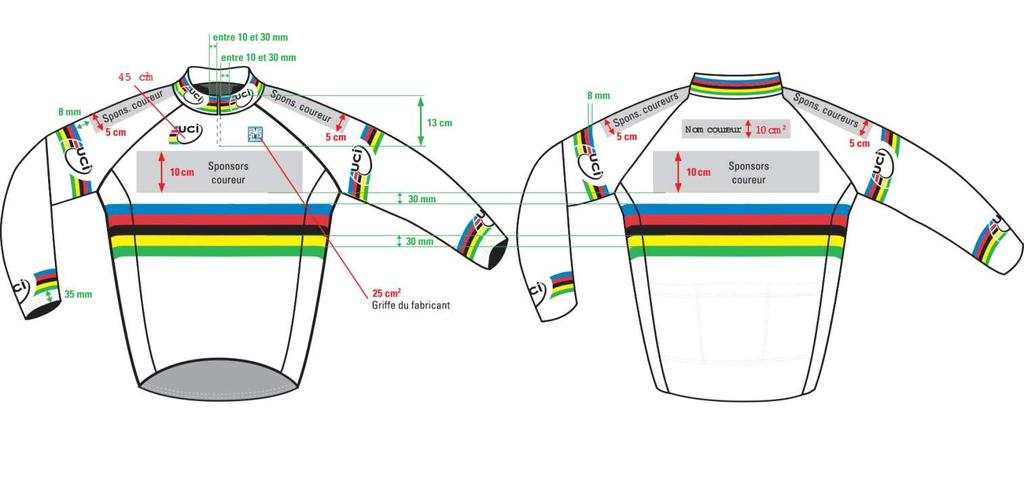 Long-sleeve jersey: These may be manufactured in conformance with the following rules: On the sleeve, they will have the rainbow trim at biceps level, as per the short sleeved designs shown herein.