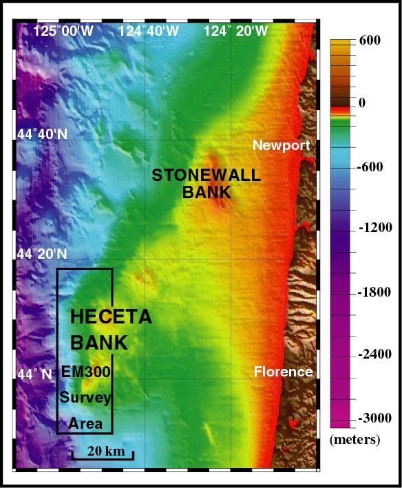 Figure 22. Location of Heceta Bank and Stonewall Bank on the outer continental shelf off the Oregon Coast, between Florence and Newport.