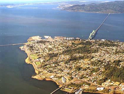 Figure 2. Port of Astoria, Smith Point and Columbia River Bridge. Water, telephone, and electrical shore power connections are available at most of the berths.