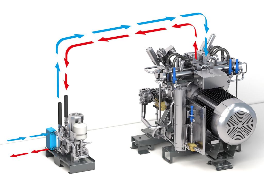 BAUER KOMPRESSOREN COMPRESSORS FOR INDUSTRY ACCESSORIES 37 AIR-TO-WATER HEAT EXCHANGER For BK 23 BK 52 Uses ambient air to cool the cooling water Can be retrofitted Hybrid cooling combines all the