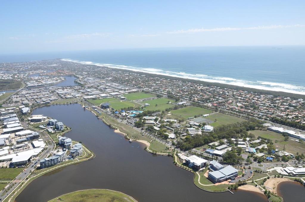 Aerial View of Kawana Waters State College at Bokarina on the Sunshine Coast. The College is situated on Sportsmans Parade. The Primary Campus is at the southern end.