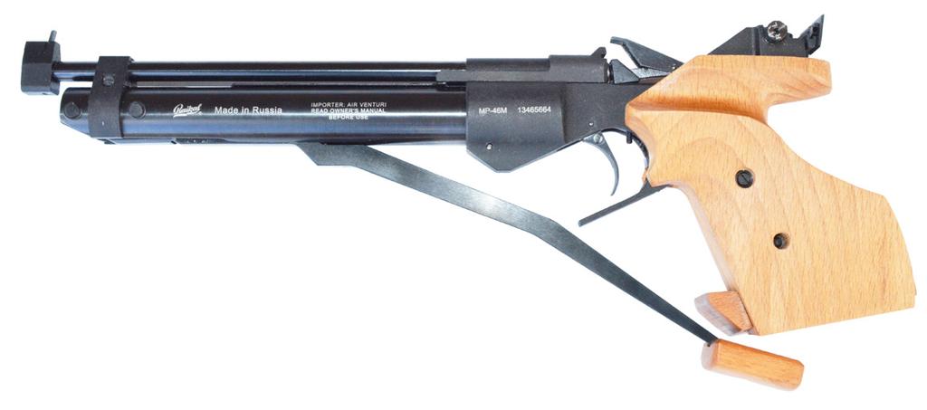 BAIKAL MP46M Target Air Pistol. The MP46M Single- Stroke Pneumatic Air Pistol has been in production since 1988 and complies with International Shooting Union regulations.