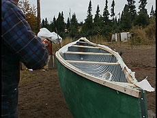 Close up of the nearly completed canoe showing