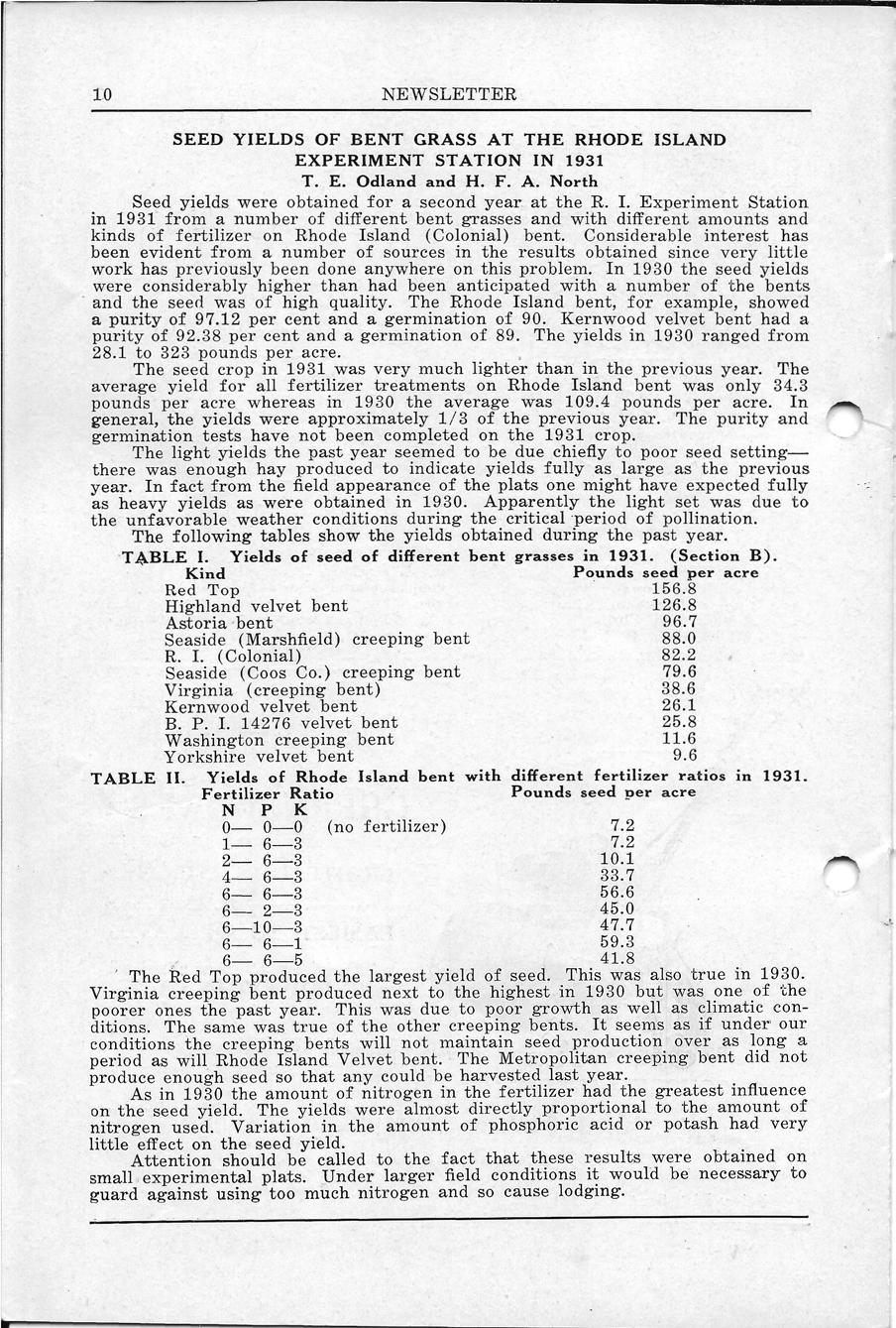 SEED YIELDS OF BENT GRASS AT THE RHODE ISLAND EXPERIMENT STATION IN 1931 T. E. Odland and H. F. A. North Seed yields were obtained for a second year at the R. I. Experiment Station in 1931 from a number of different bent grasses and with different amounts and kinds of fertilizer on Rhode Island (Colonial) bent.