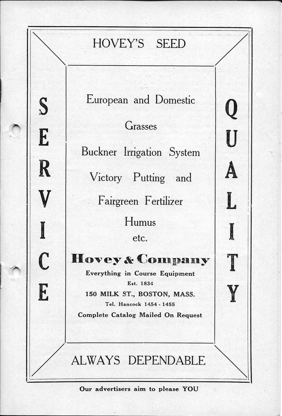 HOVEY'S SEED E European and Domestic Grasses Buckner Irrigation System Victory Putting and Fairgreen Fertilizer Humus etc, Uo^eyl- Company Everything in