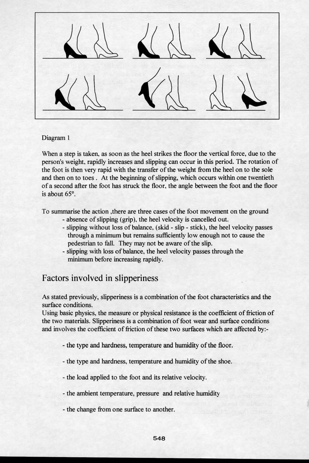 Diagram I When a step is taken, as soon as the heel strikes the floor the vertical force, due to the person's weight, rapidly increases and slipping can occur in this period.