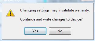 Page 16 / 59 Fig. 3.12. After pressing Write button the warranty invalidation warning window will appear (Fig. 3.13). Fig. 3.12 Highlighted Write button. Fig. 3.13 Warranty invalidation warning window.