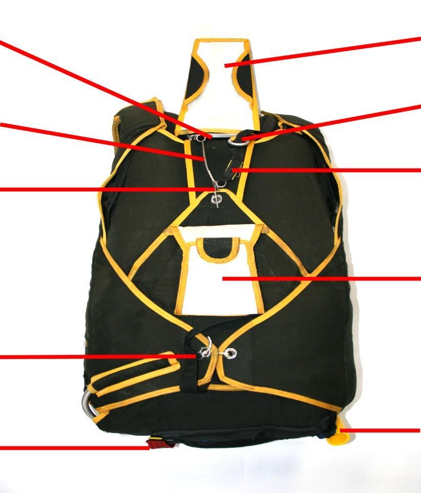 FRONT OF THE STUDENT CONTAINER Reserve Static Line (RSL) Shackle 3 Ring Release Chest Strap Cutaway Pad Reserve