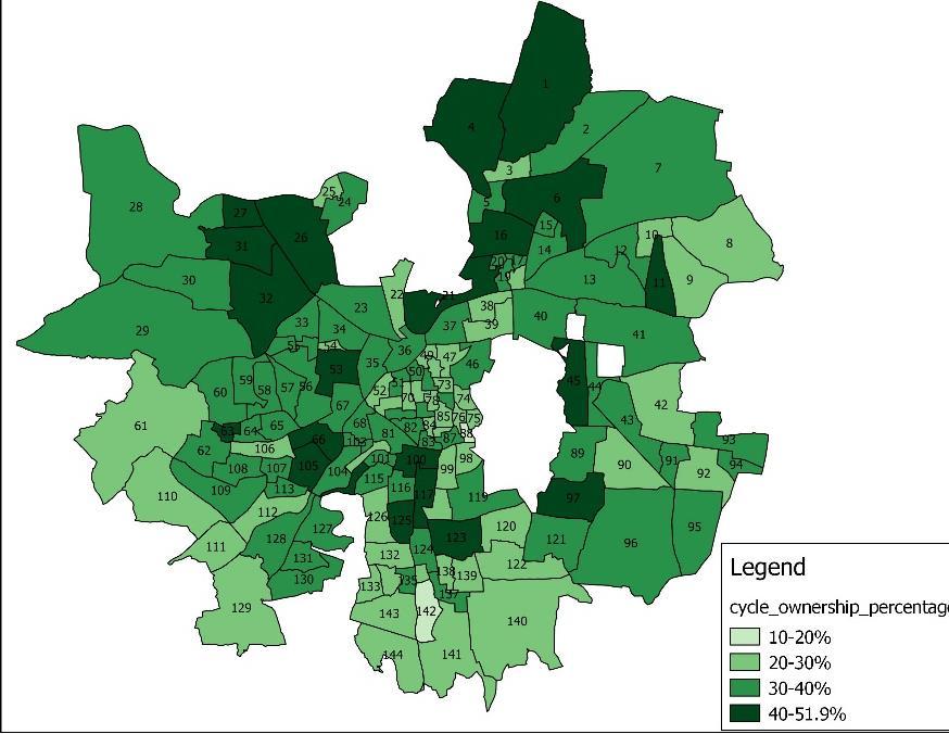 Figure 25: Percentage of households with cycle ownership across wards in Pune Note: The source for the population data and asset ownership is Census 2011, which has the electoral ward divisions