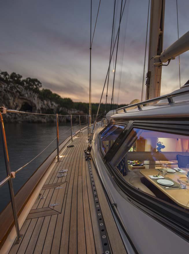 Dame de Noche is a stunning Oyster 82 luxuriously appointed with teak planked soles and neutral soft furnishings including leather giving a light and airy and contemporary feel to the interior spaces.