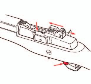 To release the slide (which allows the bolt to go forward) keep safety ON and either: 1. Remove the magazine, draw the slide handle to the rear and release, or; 2.