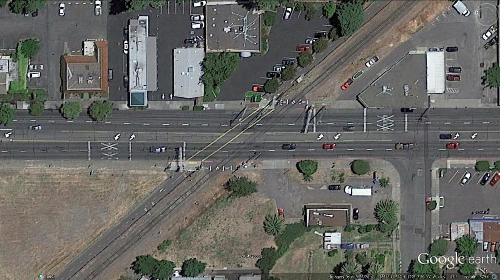 same location. One location where there is full pedestrian traffic signal in conjunction with a railroad crossing is in Napa, California. The location is along Jefferson Street in Napa, California.