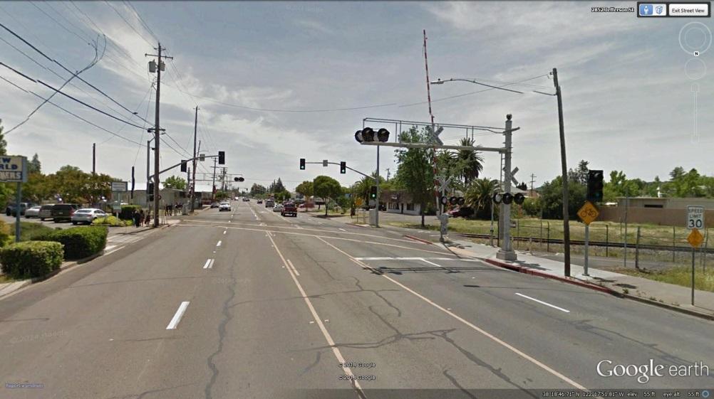 Figure 4.7 Southbound Jefferson Street approaching Napa Wine Train Crossing For a PBH signal to operate at the NMRX/SFRT crossing as to provide safe travel for pedestrians/bicyclists across St.