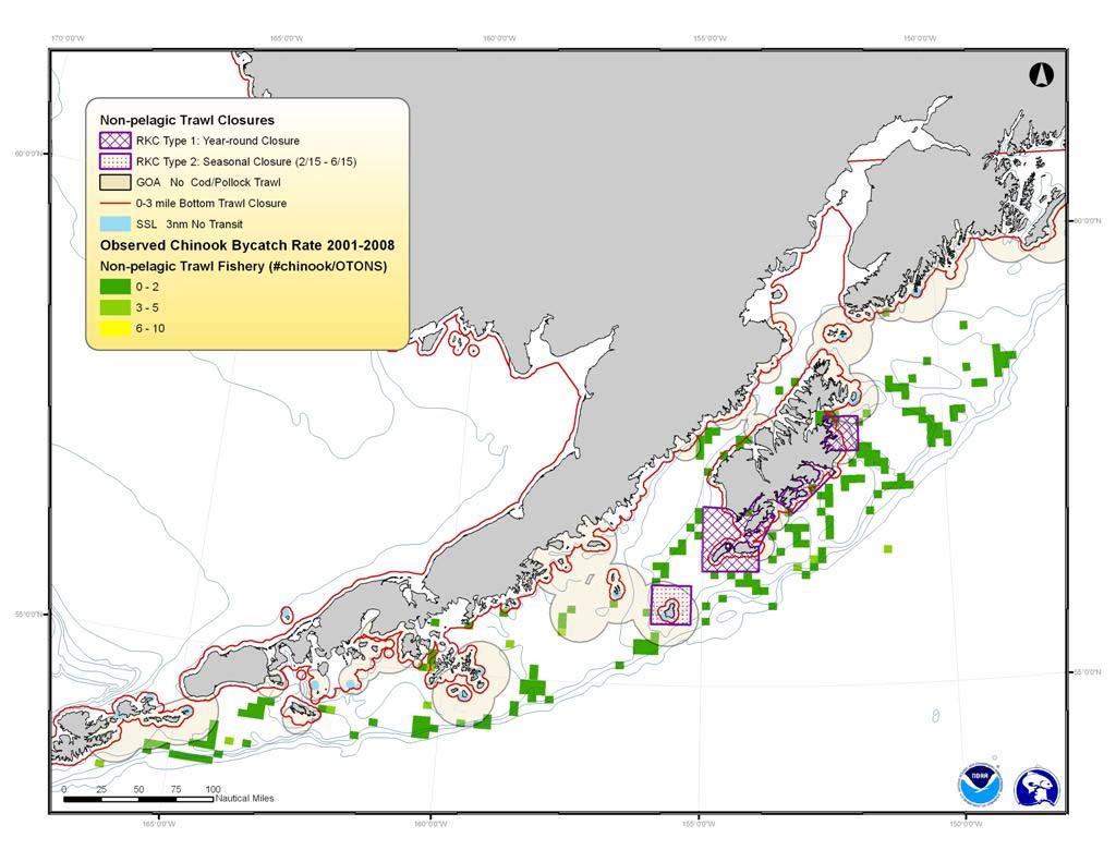 Figure 12 Observed Chinook salmon bycatch in the non-pelagic trawl fishery, summed over 2001-2008 Figure 13 Observed Chinook salmon bycatch rate in the