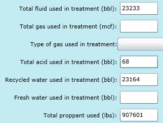 Form 5A Formation Information Tab (17 of 24) Detailed Formation Treatment Reporting Total fluid used in treatment : Total volume (in barrels) of all liquids used - treatment fluid, acid, etc Required