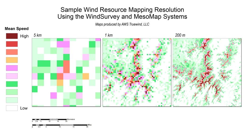 Wind Mapping utilize mesoscale numerical weather models high spatial resolution (100-200 m grid = 3-10 acre squares) simulate land/sea breezes, low
