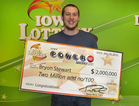 Jan. 14, 2016 - Bryon Stewart of Onawa claims a $2 million Powerball prize from the Jan. 13, 2016, drawing. Jan. 16, 2016 - Fueled by strong Powerball ticket sales, total lottery sales equaled nearly $19.