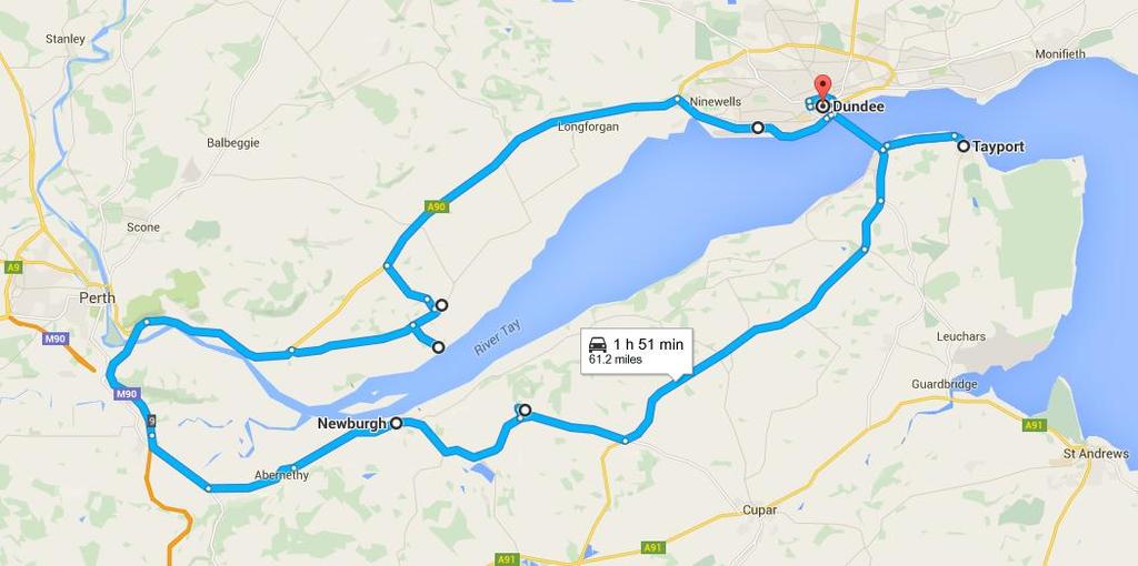 So it takes only 2 hours to circumnavigate the whole area. You can begin at Dundee, travelling down the A90 to the Errol turn off a very small sign.
