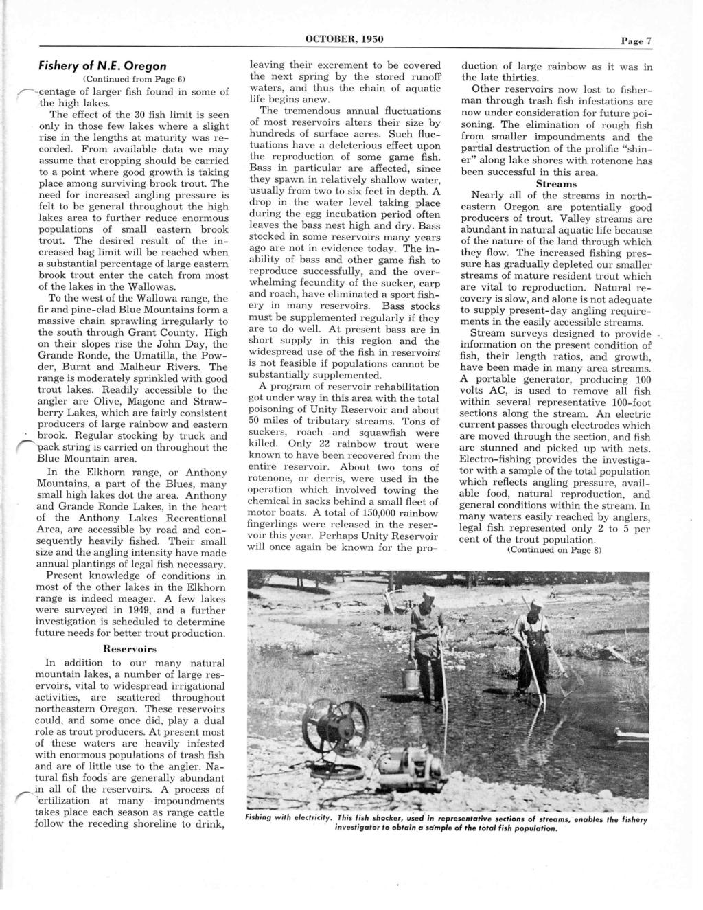 OCTOBER, 1950 Page 7 Fishery of N.E. Oregon (Continued from Page 6) "----centage of larger fish found in some of the high lakes.