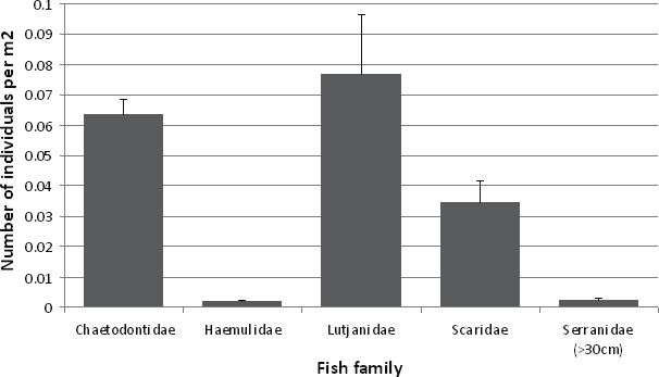 A total of 52 selected fish families and species, recognized as being good indicators of fishing pressure, aquarium collection and reef health, were included as target species.